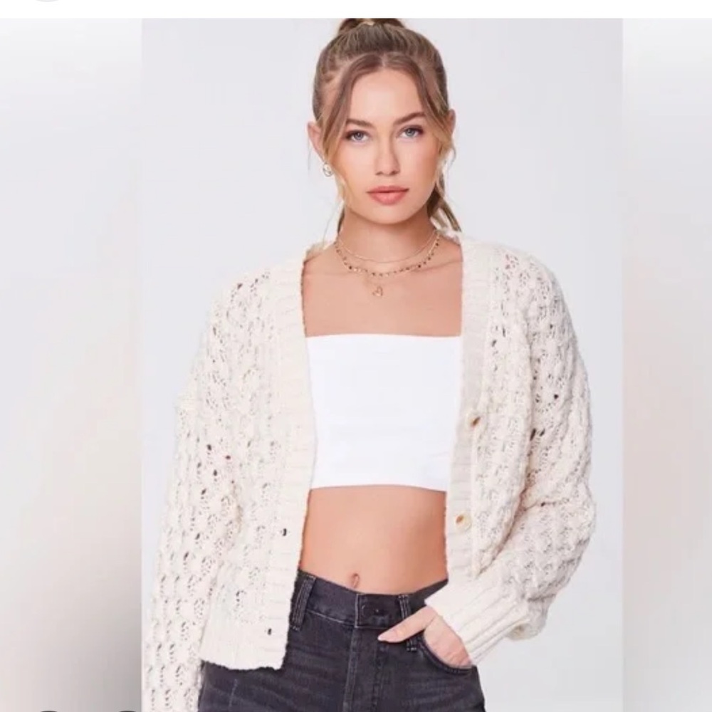 Forever 21 Cream V-Neck Button-Up Sweater